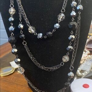 PREMIER DESIGNS Gunmetal Beaded Necklace Flapper Length Black Faceted Beads